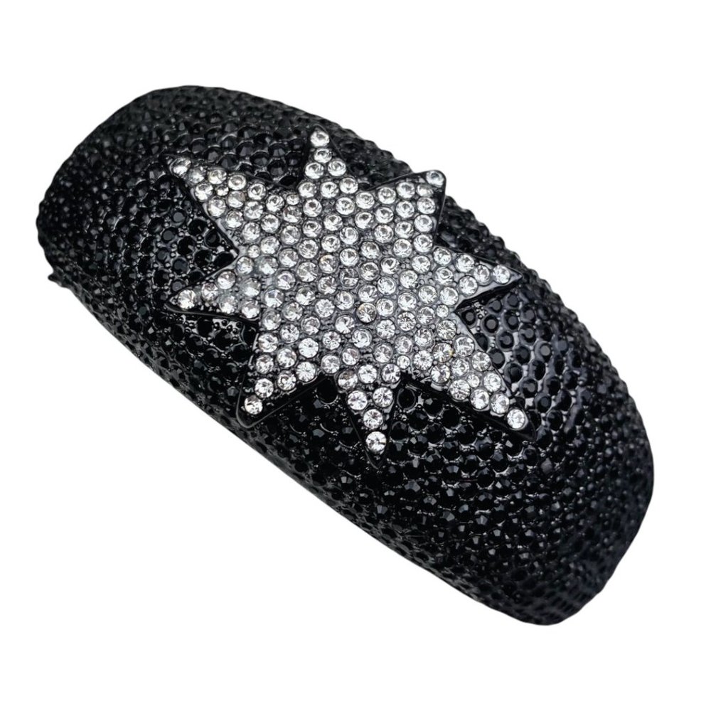 Vintage Akkad Black and White Crystal Star Gunmetal Bangle Cocktail Bracelet